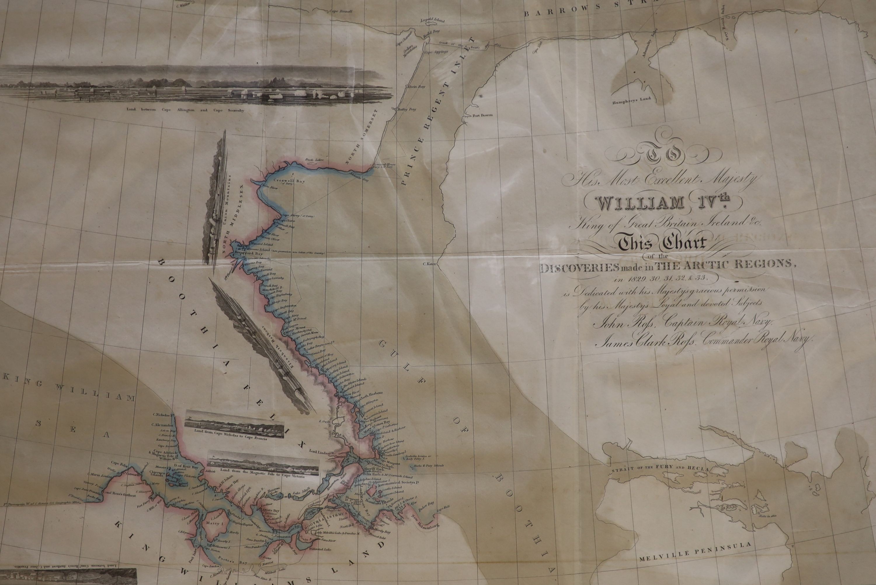 F. A. Garnier, coloured steel engraving, map of 'Amerique du Nord Spheroidale', 1860, 50 x 37cm, with two unframed maps of Discoveries made in the Arctic regions 1829-33, by Capt. John Ross and a Grenville Collins map of